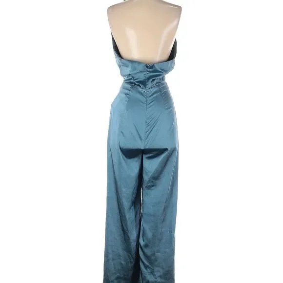 NWT Anthropologie Elliat Begonia Cadet Blue Satin Halter Neck Jumpsuit Size XS - Picture 3 of 8